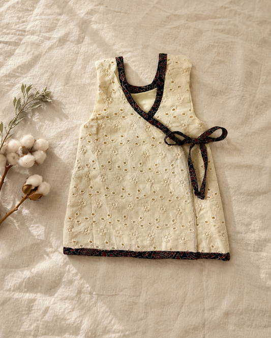 Baby Chikan Frock, Cream Eyelet with Block-Print Trim