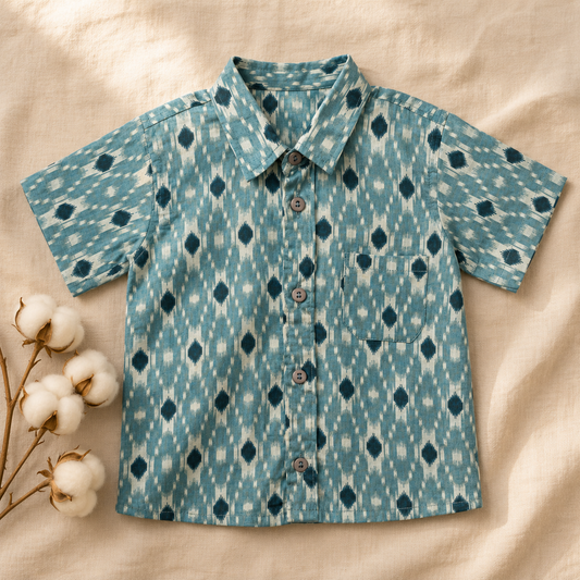 Boys Cotton Shirt – Teal Ikkat