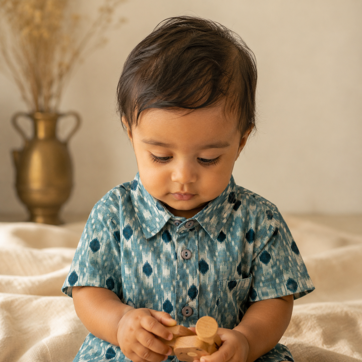 Boys Cotton Shirt – Teal Ikkat