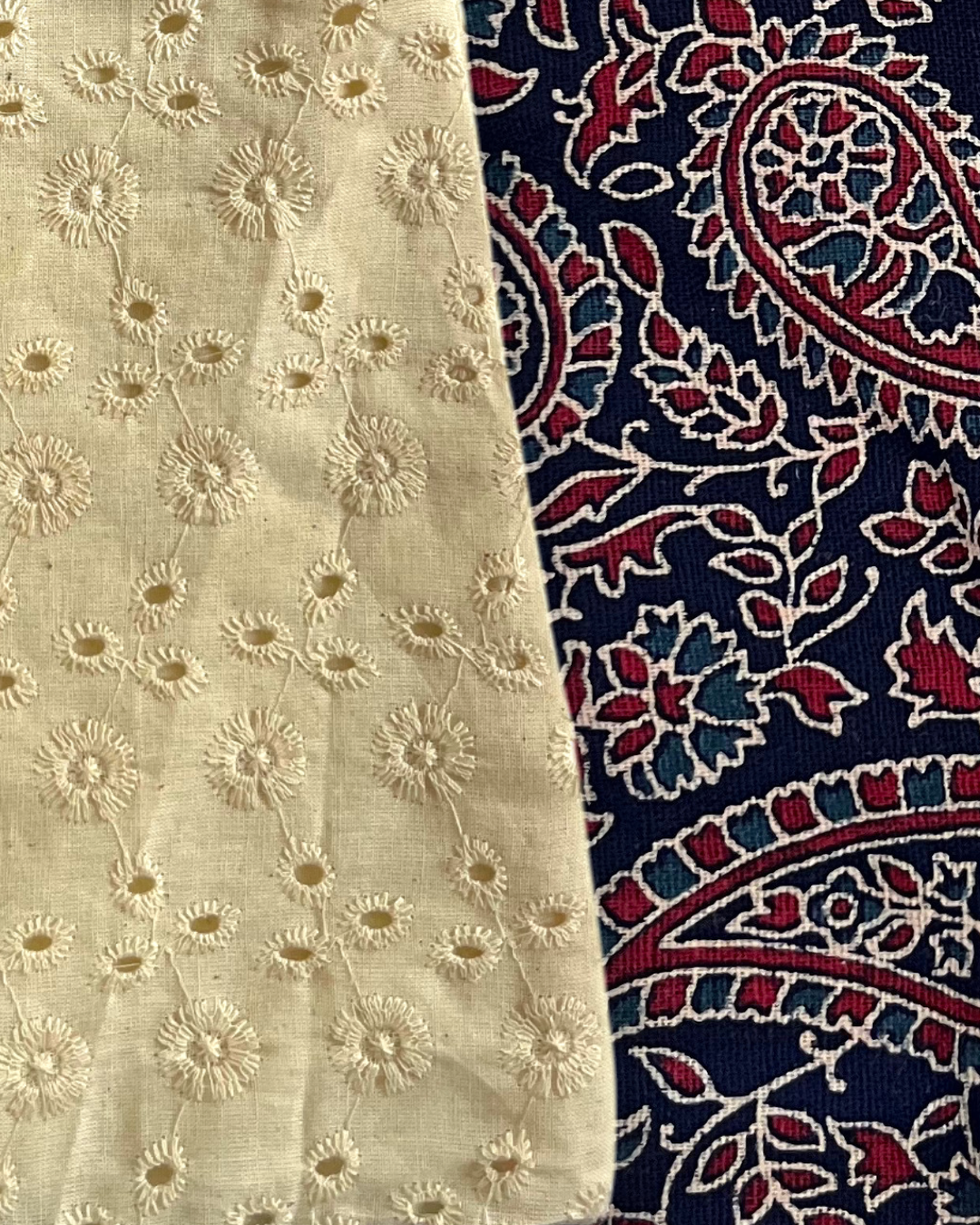 Baby Chikan Frock, Cream Eyelet with Block-Print Trim