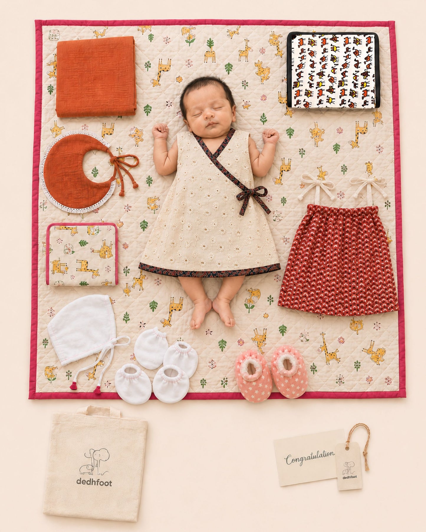 Baby Girl Newborn Essentials Kit with Shoes (Pack of 9) Giraffe & Camel Prints
